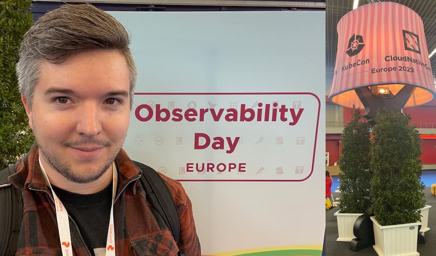 A person smiling in front of a sign that says “Observability Day Europe.” In the background, there is a large pink-striped lamp display with “KubeCon + CloudNativeCon Europe 2023” written on it, surrounded by plants.