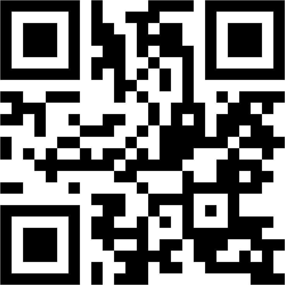 A black and white QR code with a square pattern of pixels, containing three larger squares in the top left, top right, and bottom left corners.